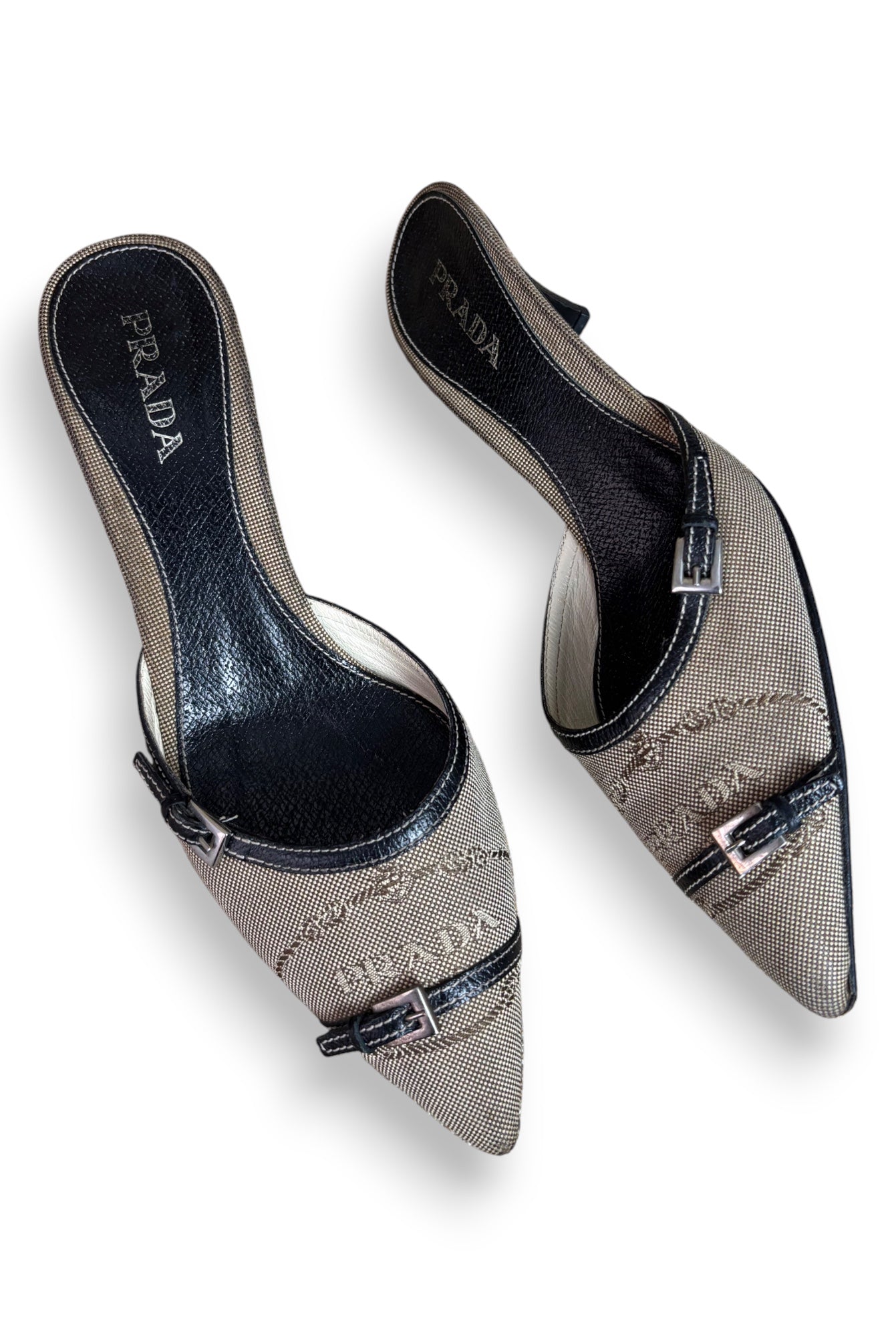 Prada Tan Monogram Pointed-Toe Mules