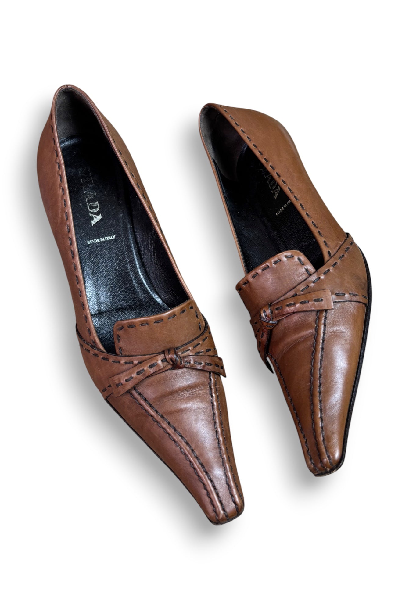 Prada Brown Leather Bow Accent Heels