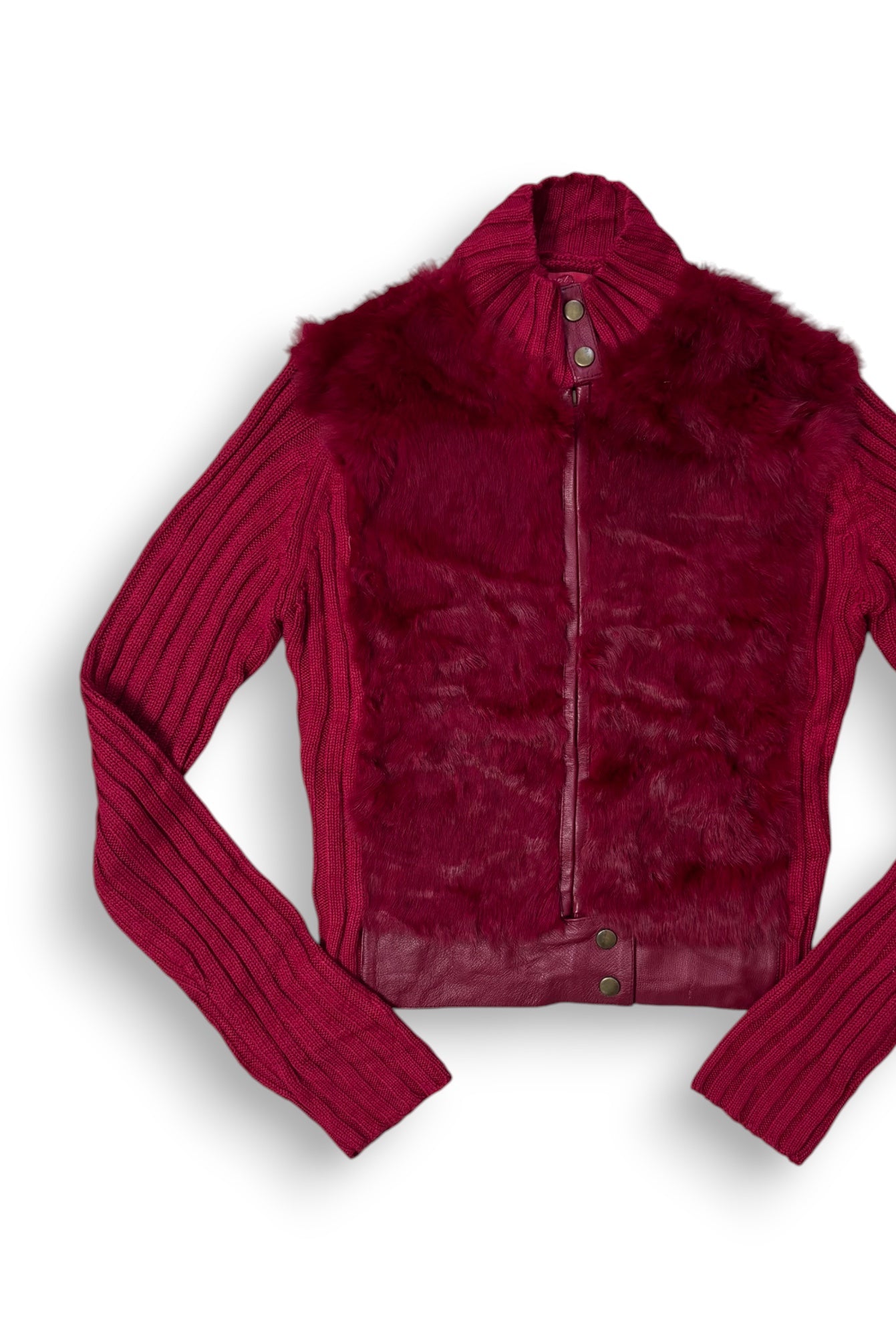 Berry Red Knit Jacket With Faux Fur Front Panel