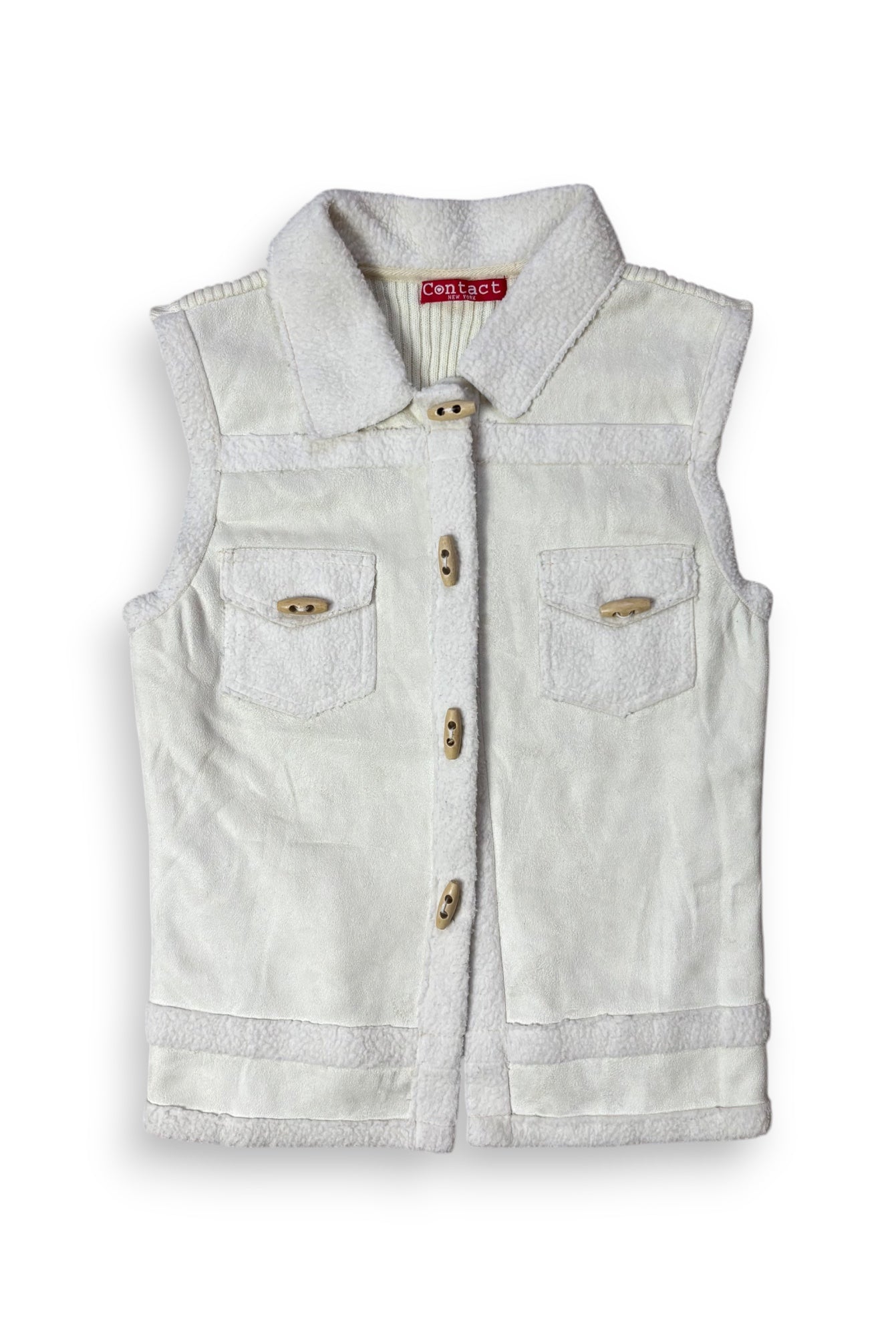 White Faux Shearling Button-Up Vest