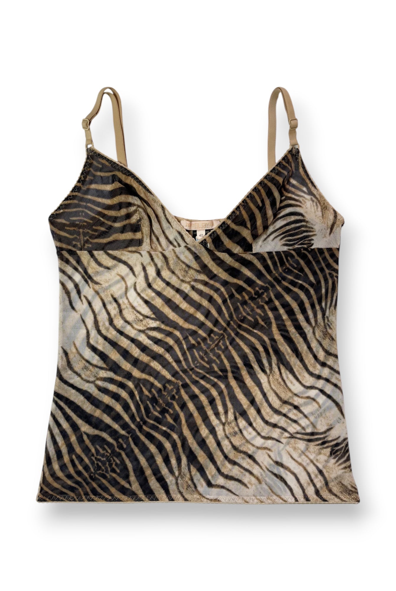 Roberto Cavalli Beige and Black Zebra Print Mesh Cami Top