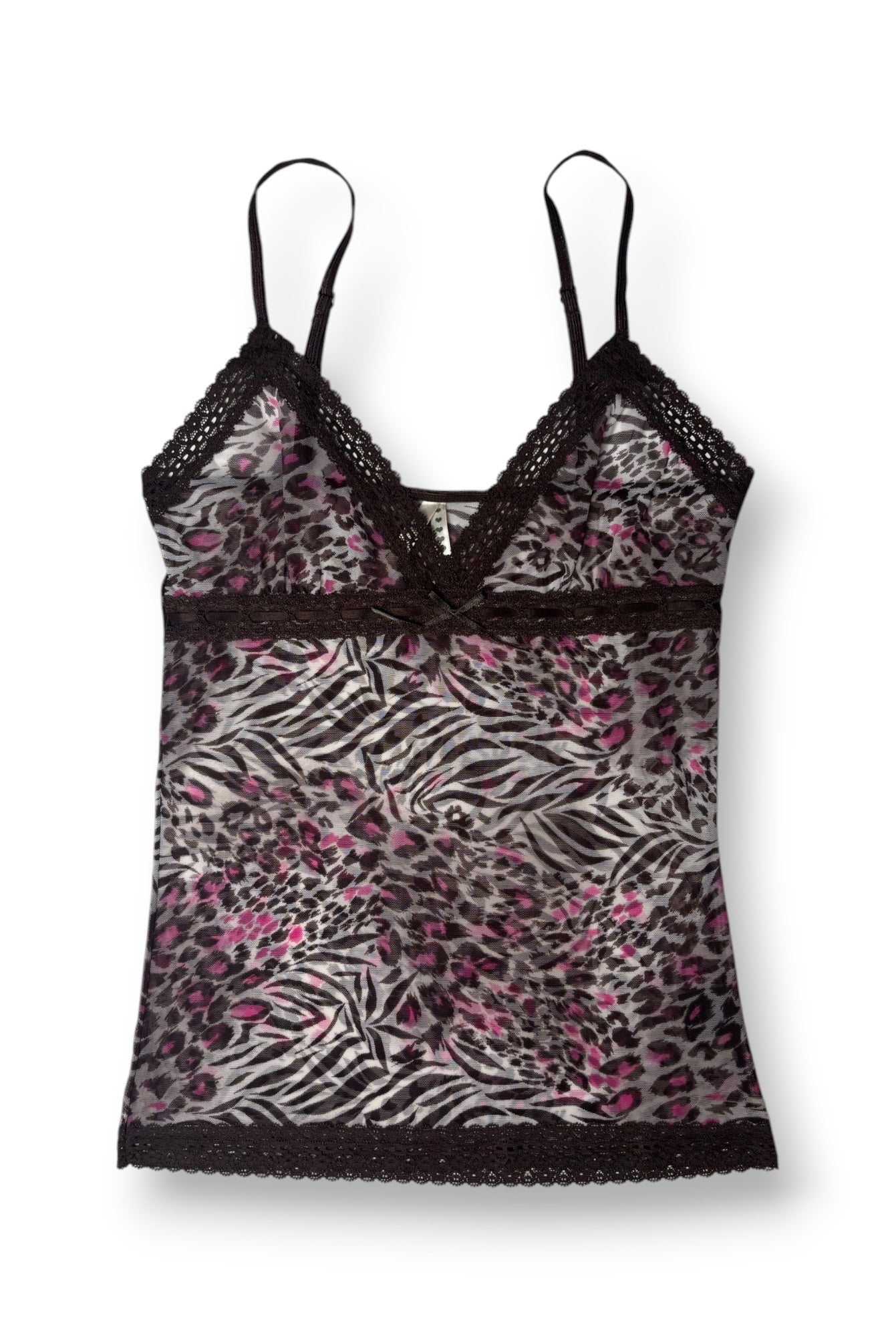 Brown and Pink Leopard & Zebra Print Lace Trim Mesh Cami Top