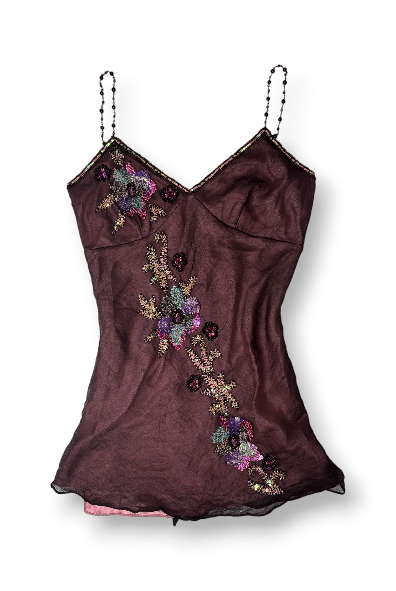 Brown and Pink Beaded Floral Cami Top